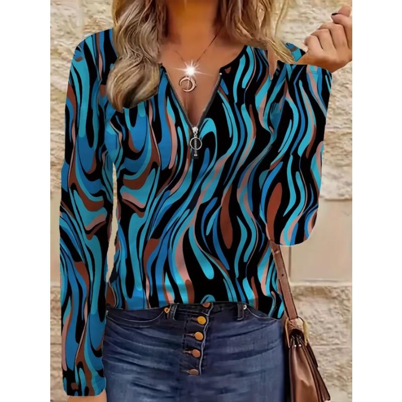 Top da donna elegante con cerniera e stampa a maniche lunghe, alla moda e versatile per l'abbigliamento casual e da ufficio autunnale e invernale, lavabile in lavatrice