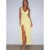 Womens Solid Color V-Neck Sleeveless Ruffle Hem Slit Maxi Dress High Waist Street Chic 2026