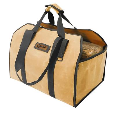 CARBABY Firewood Bag, 2-Way Log Carry with Handle, Waterproof Canvas Stove Accessory (Khaki)