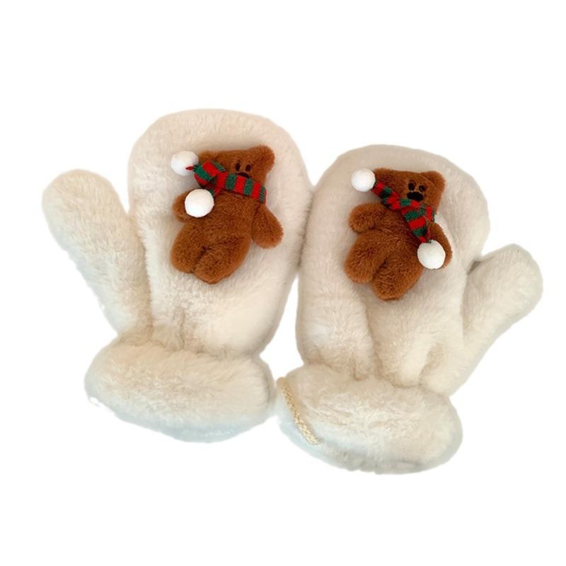 Cute Biscuits, Bears, Plush Gloves, Women's Winter Warmth, Thickened and Plush Fingers Can Be Hung Around the Neck, Student Christmas Gifts