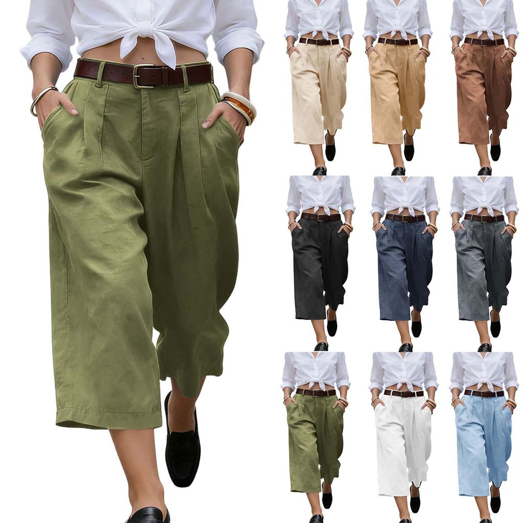 Women’s Casual Loose Fit Cropped Pants with Pockets Relaxed Mid Waist Wide Leg Seven Quarter Length Trousers for Everyday Wear