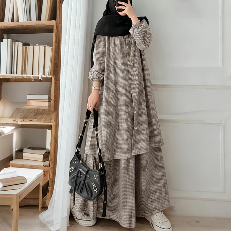

ZANZEA Women Long Sleeve Blouse and Long Skirts Grid Print Two Piece Suit Sets S коричневый