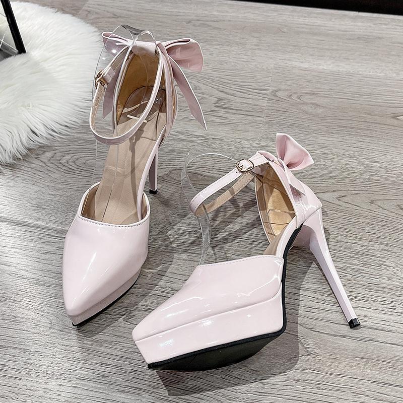 

Fashion 2024 Summer New Fashion Satin High Heel Sandal Bow One-line Buckle Pointed Thick Heel Women s Pumps Wedding Shoes 34