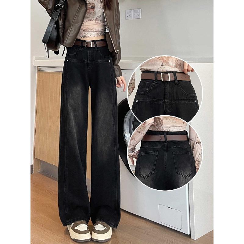 High Waist Wide Leg Jeans Women's Velvet Winter, New Black Loose Narrow Straight Pants