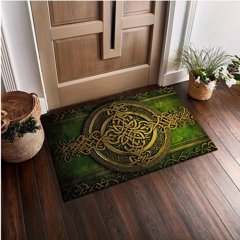 Tappeto a Tema Nodo Celtico Vichingo, Tappetino Antiscivolo con Elegante Motivo Verde e Oro per Camera da Letto Soggiorno Decorazione per la Casa Tappeto