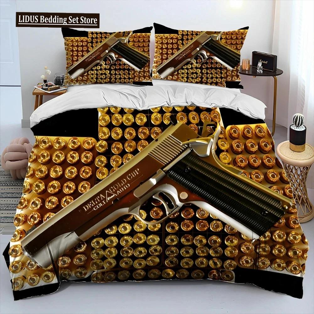 3D Gevär Revolver Patron Vapen Täckset Sängkläder, Påslakan Sängset Quiltöverdrag Örngott, King Queen Storlek Sängklädesset