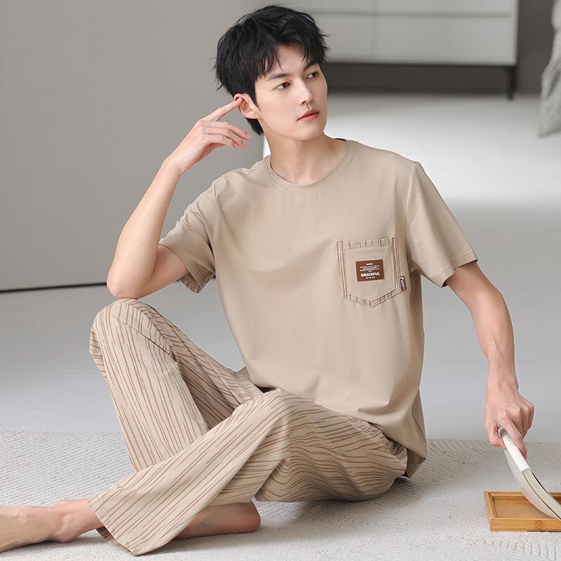Pajamas Men's Summer Cotton Short Sleeve Trousers Thin Summer Casual Large Size Summer Loungewear Set