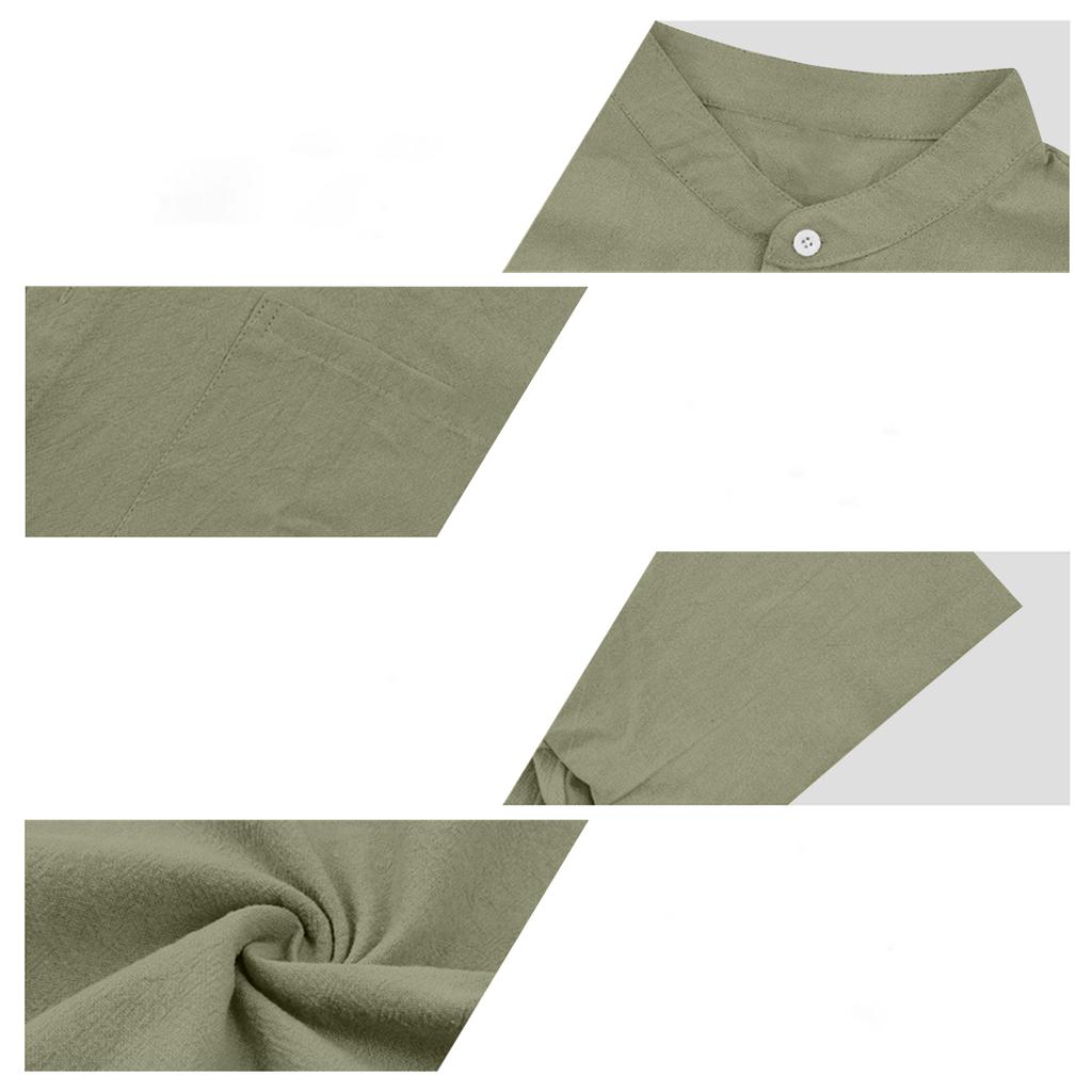 Mens Linen Shirt Short Sleeve Stand Collar Casual Loose Fit Breathable Lightweight Button Down Top with Chest Pocket