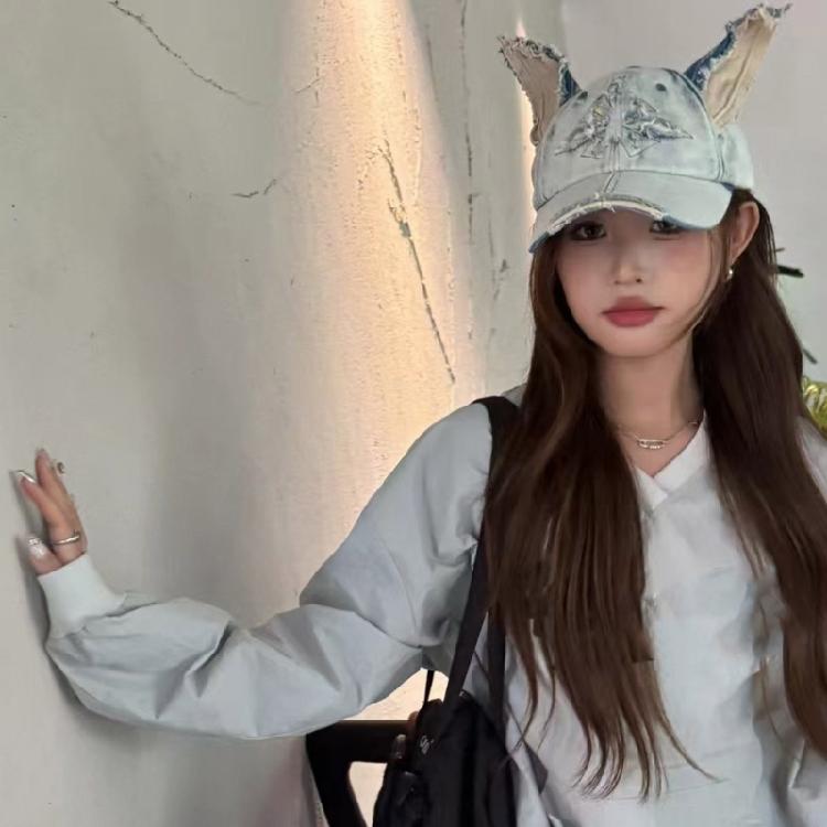 Distressed Dog Ear Casquettes Hat 2000S Cool Baseball Hat Breathable Sun Hat Long Brims Hiphop Dancing Hat for Adult Teens
