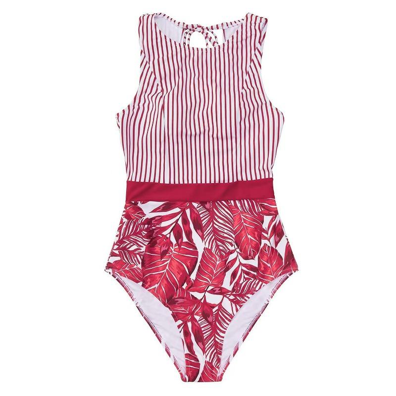 

Новый печатный полосатый слитный купальник бикини, сексуальный, с лиственным принтом, треугольный женский купальник, модный XL