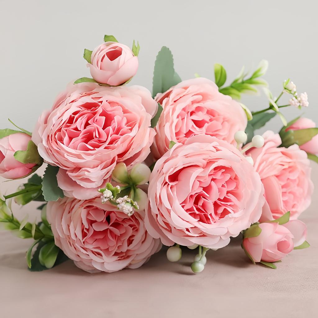 Rose Pink Bouquet Peony Artificial Flowers for Bride Wedding Home Decoration Faxu Flowers