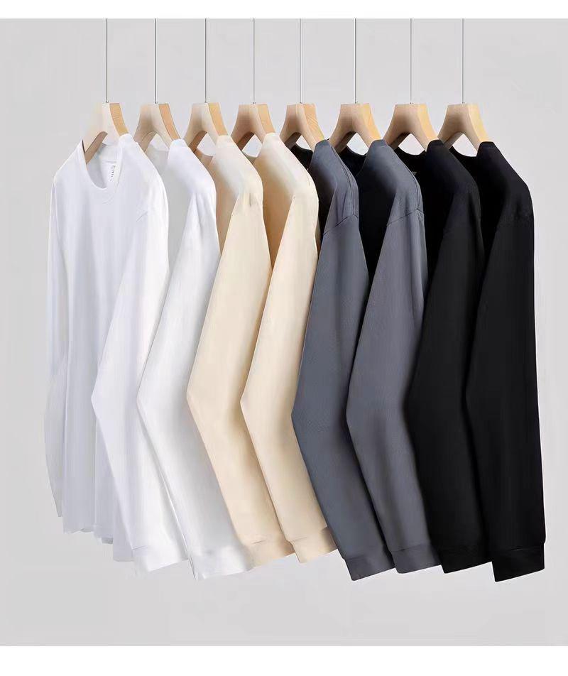 Men's 300g Heavyweight Pure Cotton White Long-Sleeve Round Neck Shirt