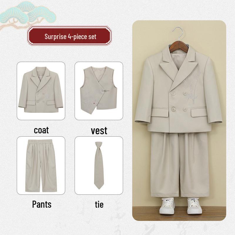 Boys' Chinese-Style Embroidered Velvet Vest and Suit for Autumn/Winter Photography and Performance