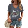 Believe Christmas Train Tops  Tees Vneck Short Sleeve Soft Tee Merry Christmas Tree Graphic T Shirts Women Xmas Gift Clothes