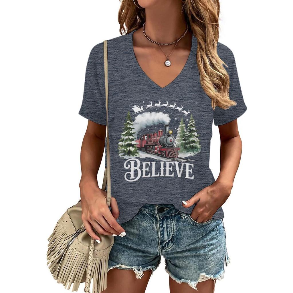 Believe Christmas Train Tops  Tees Vneck Short Sleeve Soft Tee Merry Christmas Tree Graphic T Shirts Women Xmas Gift Clothes
