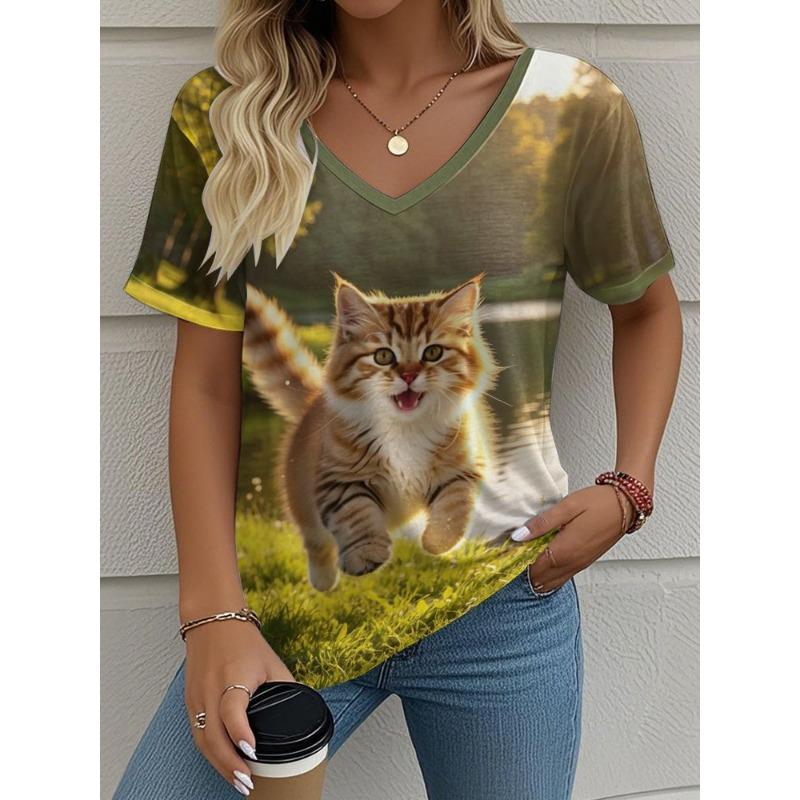 Women's summer casual V-neck short-sleeved T-shirt, with fashionable 3D print, suitable for outings or at home