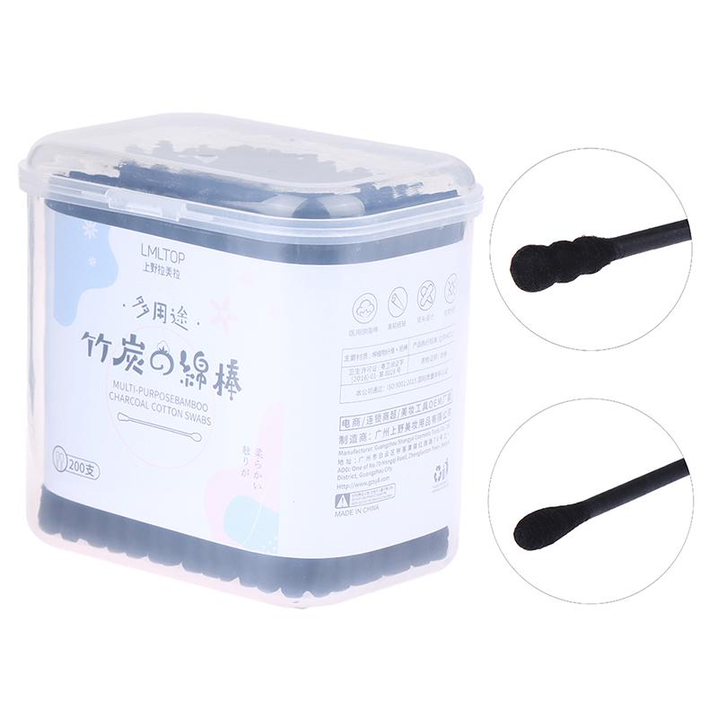 200Pcs Disposable Cotton Swab Spiral Ear Cleaner Black Double Heads Medical Swab Lipstick Eyebrow Eyelash Cotton Bud Makeup Tool