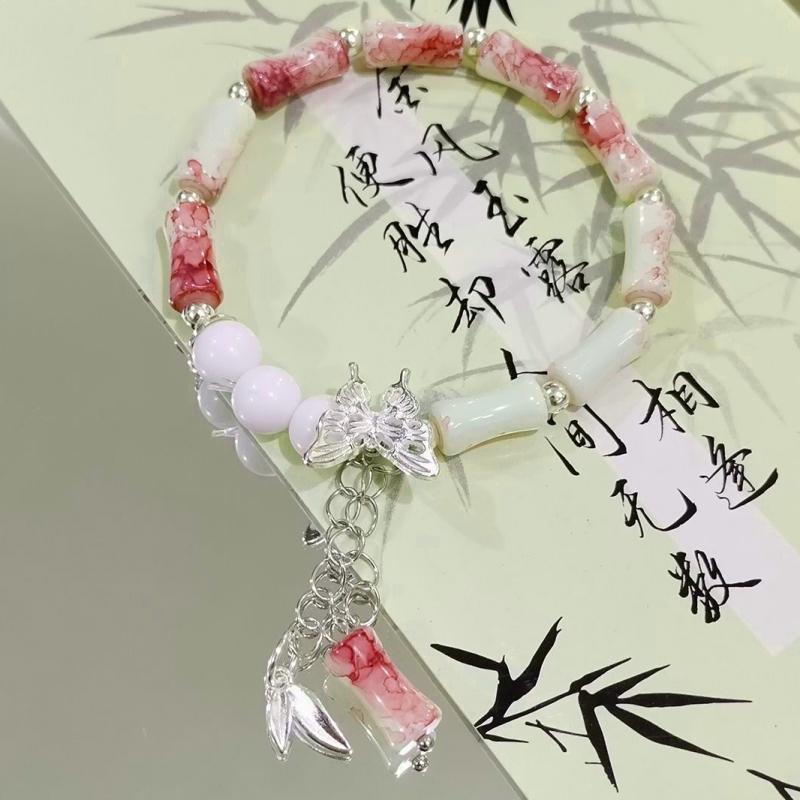 Bamboo Style Butterfly Milky Pink Bead Elastic Bangles Girl Bilezik Bracelet Women Jewelry Pulseras