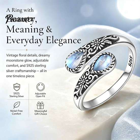 Faux Moonstone Ring Vintage Ring, Waterdrop Fake Gemstone Adjustable Open Healing Stone Band Jewelry for Couple, Women