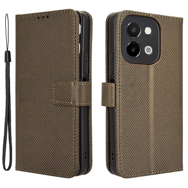 

For vivo Y28 4G Case Flip Stand Wallet Diamond Texture Anti-Drop Leather Phone Cover Brown