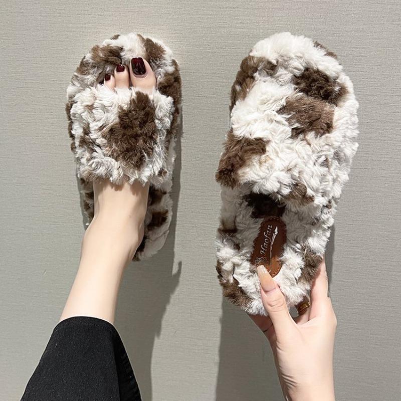 Damskie kapcie z podszewką polarową, w panterkę, na jednym pasku, gruba platforma, ciepłe, do domu/na zewnątrz, klapki