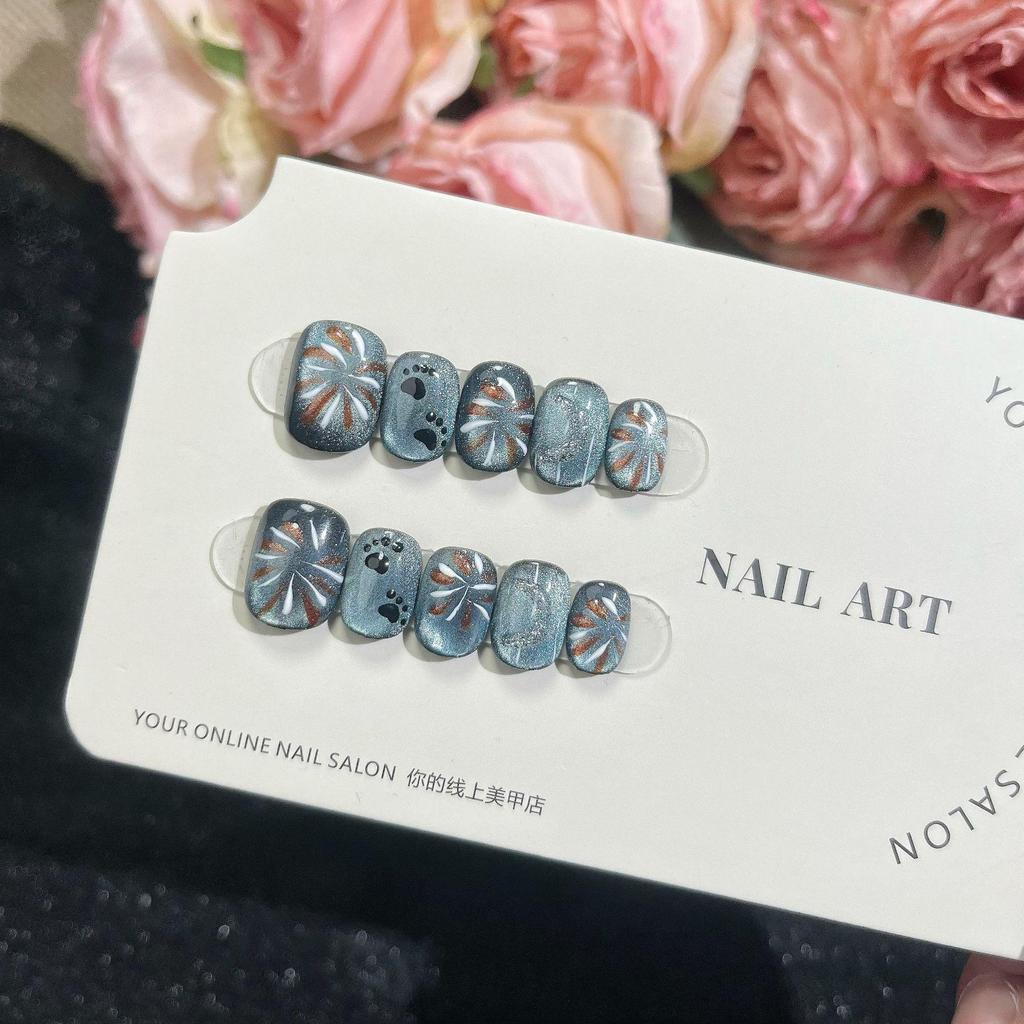 New Year Firework Cat Eye Handmade Press-On Nails - Luxury Hand-Painted Kitten Nail Art Patches