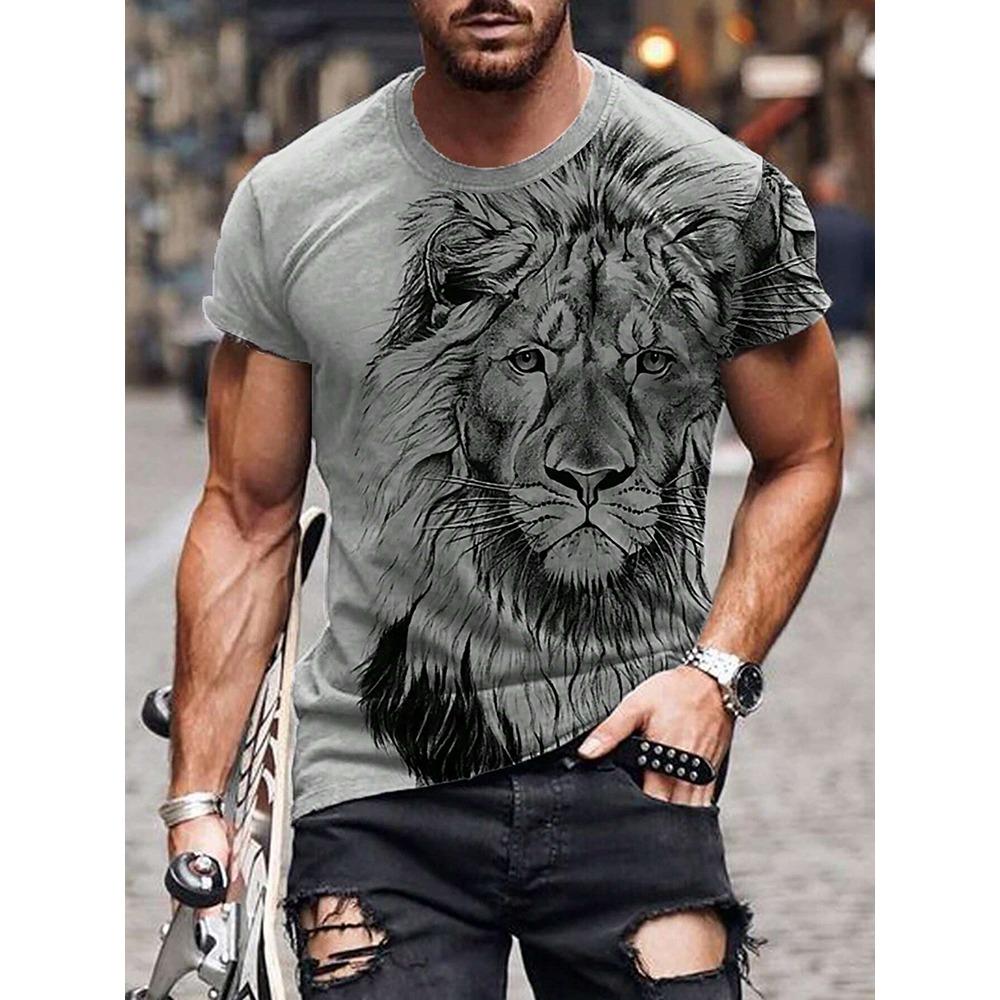 Nowy Letni Outdoorowy Casualowy Męski T-shirt Codzienny Uliczny Męski Top z Krótkim Rękawem Nadruk Lwa Męski T-shirt Sportowy Modny T-shirt