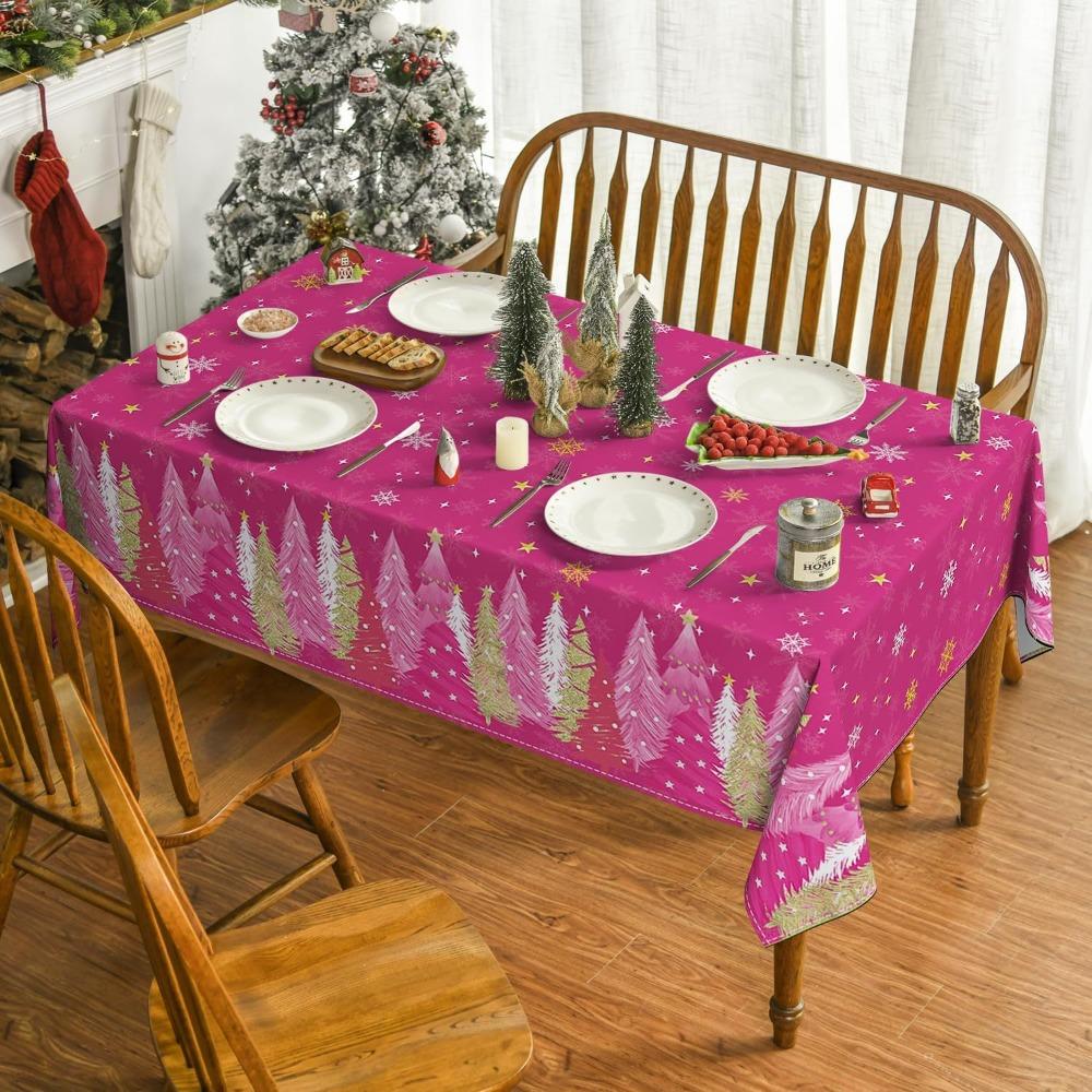 Christmas Polyester Tablecloth Snowman Print Lightweight Stain Resistant Dining Decor Long Table Cover