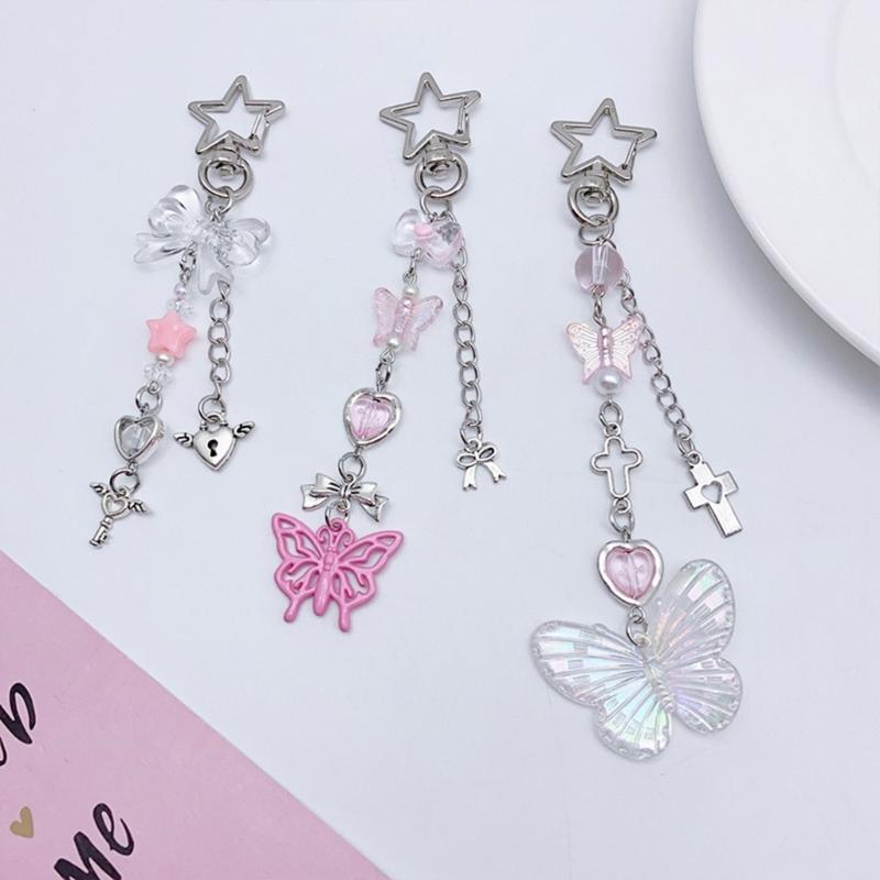 Butterfly Beaded Phone Lanyard Bowknot Pendant Wrist Strap Detachable Phone Chains Keyring Portable Accessory for Women
