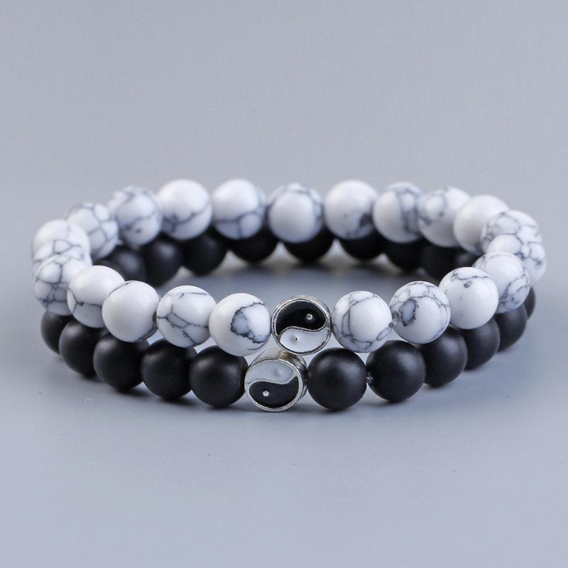 Alloy Yin Yang Tai Chi Black and White Beaded Couple Bracelet