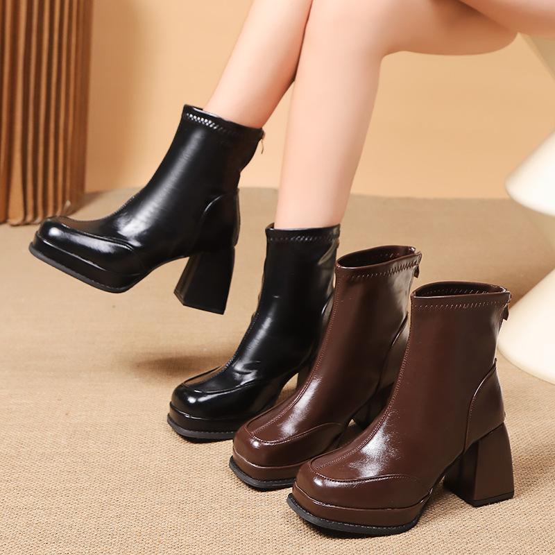 Square head high-heeled short boots women's autumn and winter new thin boots women's thick-soled thick-heeled Martin boots small ankle boots