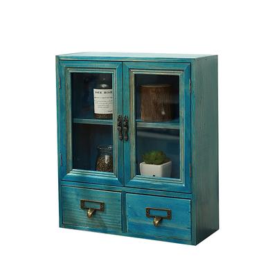 Antique-style Wooden Desk Shelf with Drawers, Desktop Storage Case, Office Desk Storage, Retro Double-Door Storage Box, Wall-Mountable Home Cabinet,