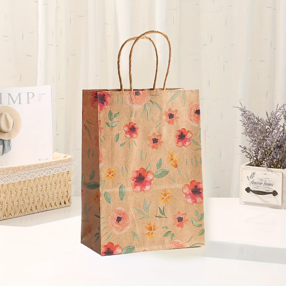 4pcs Vibrant Floral Kraft Paper Gift Bags with Handles - Colorful Flowers & Leaves Design, 8.3x5.9x3.1 Inches