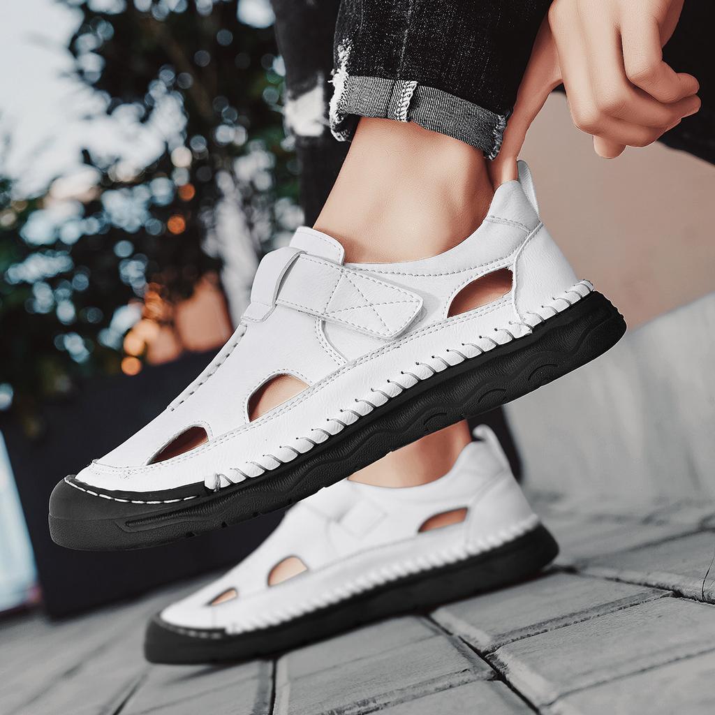 Letní pánské kožené sandály Prodyšné venkovní duté plážové sandály Pánská ležérní obuv