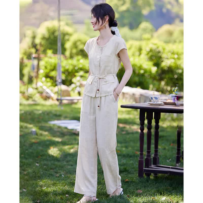 TERRE BLEUE Women's Linen Blend Two-Piece Set