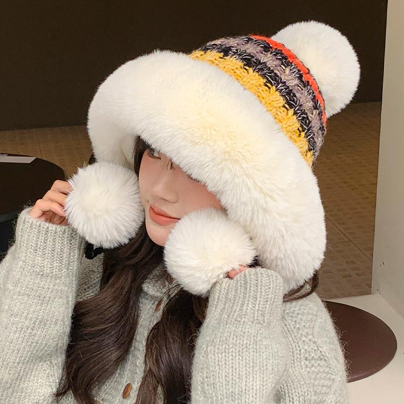 Women's Autumn and Winter Wool Knitted Hat Plush Thickened Warm Windproof Hat Northeast Cold Ear Protection Hat
