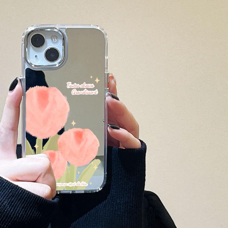 Girl Heart Tulip Painted Mirror Applicable iPhone17 Mobile Phone Case 16Pro Niche x Apple 14 All-Inclusive 15