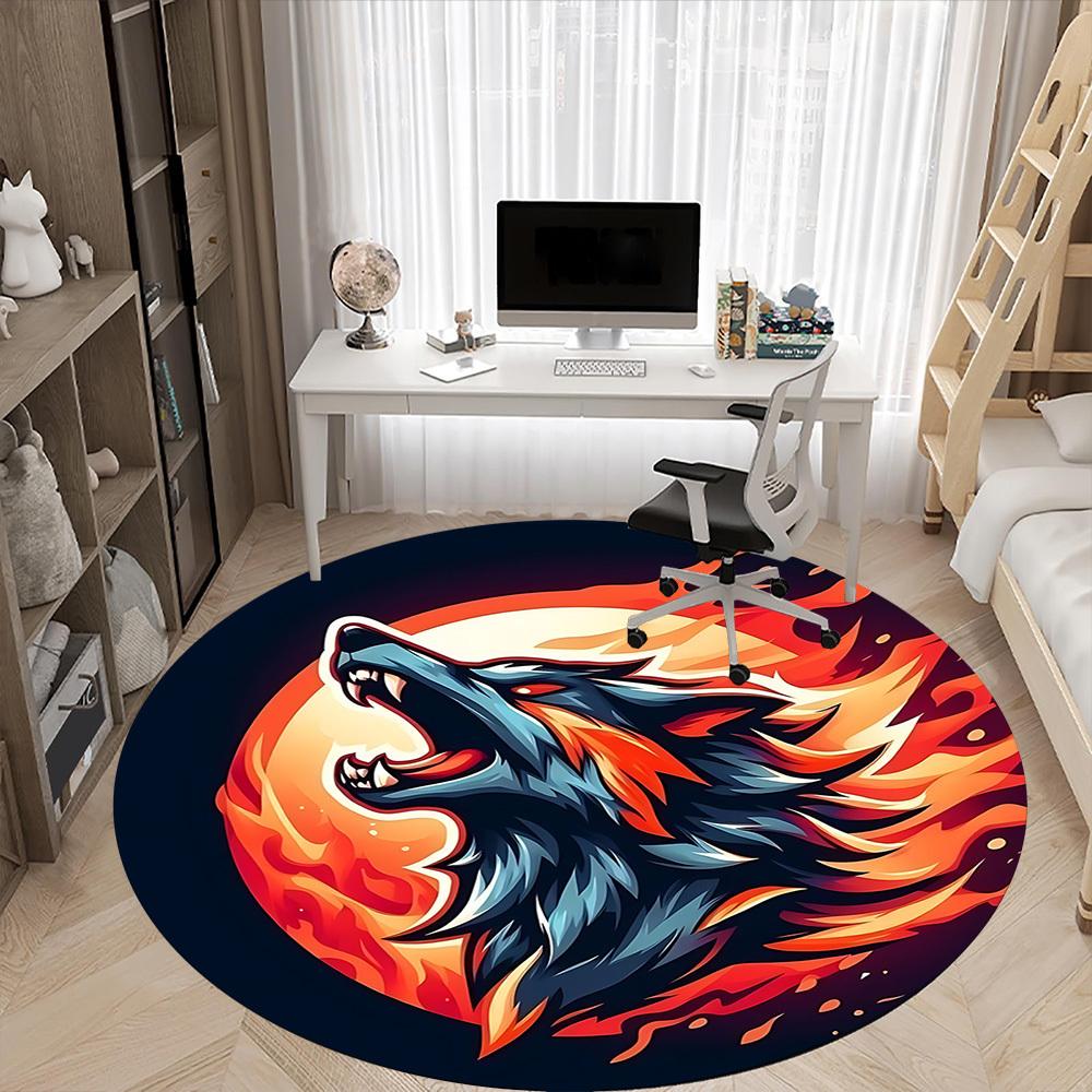 1pc Flame Wolf Office Round Area Rug, Under Office Chairs Bedroom Living Room Home Decor, Room Deco, Available in Various Sizes
