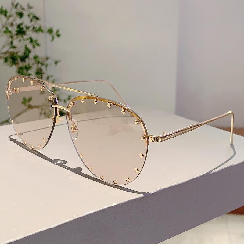 

Fashion Rimless Pilot Sunglasses Women Vintage Luxury Brand Design Diamond Cutting Lens Rivet Sun Glasses For Female UV400