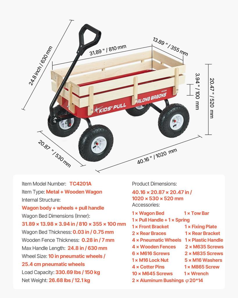 Ziehwagen für Kinder, 101 cm Kleinkind-Wagen mit Holzpaneelen & Griff, Belastbar bis 150 kg, Geländegängiger Nutzanhänger Geburtstaggeschenk für