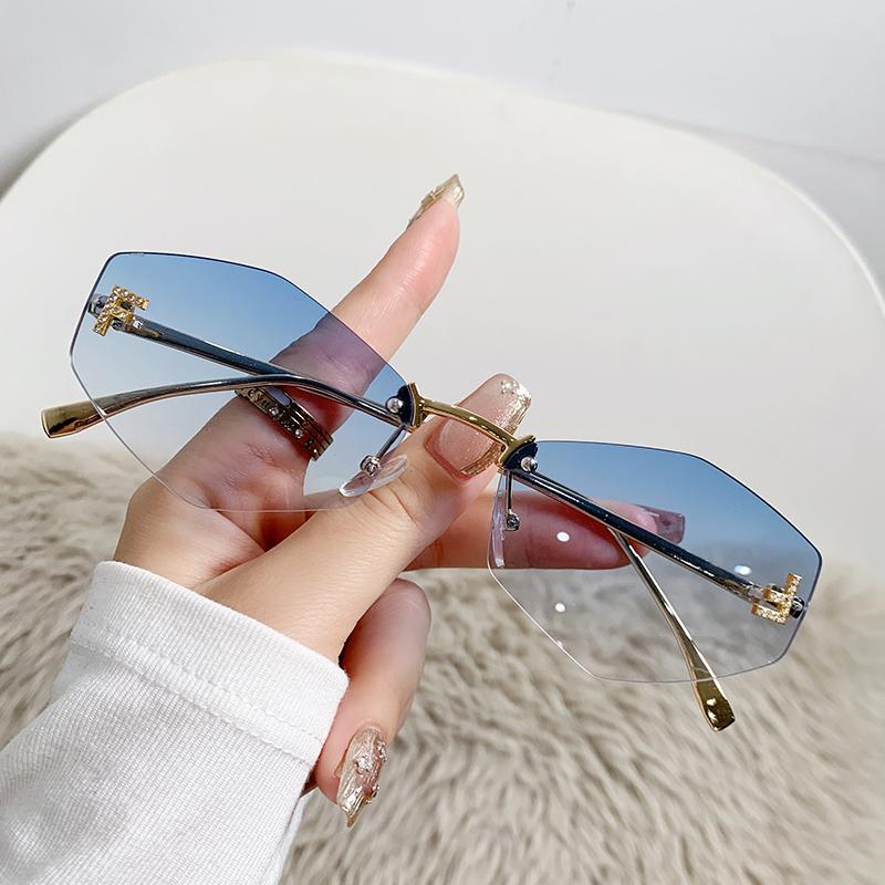 New Frameless Letter F Diamond-set Polygonal Sunglasses Fashionable Street S Sunglasses Women