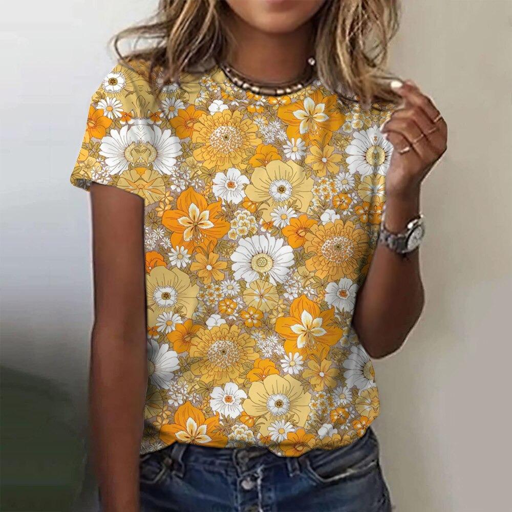 Camiseta de moda para mujer, ropa Harajuku con estampado floral, cuello redondo, jersey con estampado 3D, camisetas de manga corta, ropa urbana holgada de verano