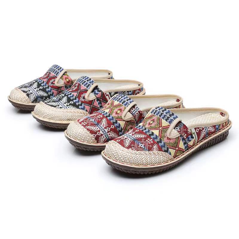 Chaussures en tissu femmes lin paille tissé chaussures décontractées étudiant Mori demi pantoufle chaussures Style ethnique brodé chaussures pour femmes