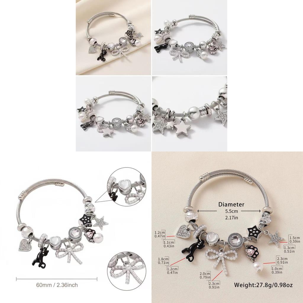 Stainless Steel Cat Bowknot Star Charm Bracelet For Fashion Casual Wear