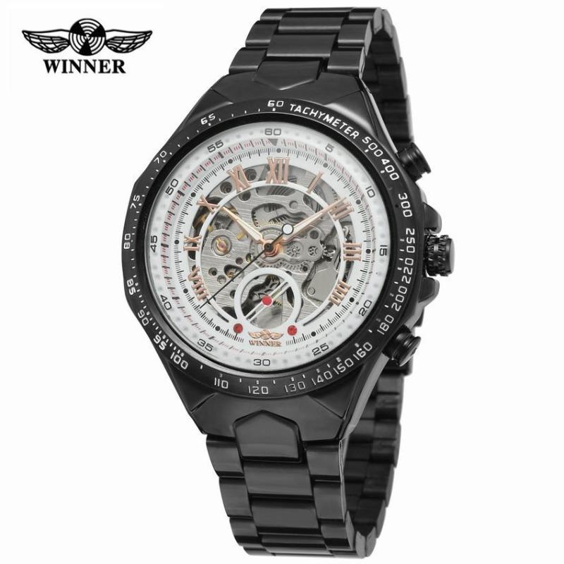 WINNER WINNER Men's Personality Fashion Gold Half Steel Hollow Semi-Automatic Mechanical Watch