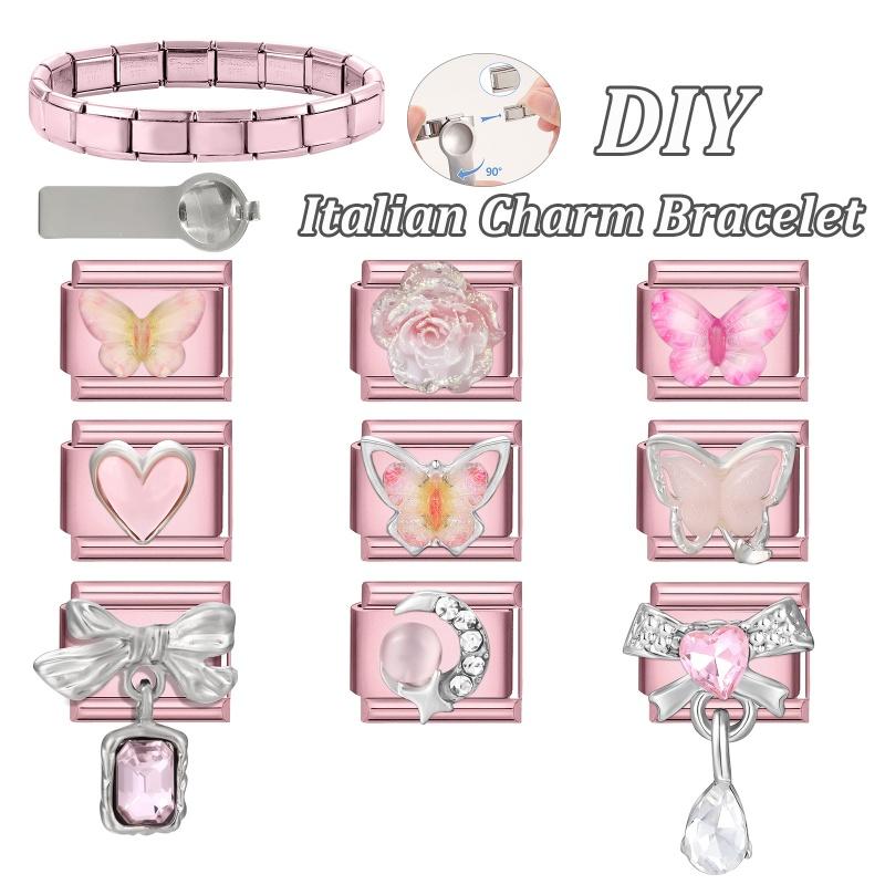 Y2K Zircon Bow Butterfly Heart Moon Pink Purple Blue Italian Charm Links Fit 9MM Stainless Steel Bracelet Women DIY Making Gifts