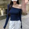 Pure Desire Spice Girl Slim and Thin Off-the-shoulder Diagonal Collar Solid Color Long-sleeved T-shirt Women's Early Autu 