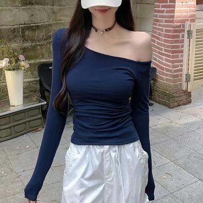 Pure Desire Spice Girl Slim and Thin Off-the-shoulder Diagonal Collar Solid Color Long-sleeved T-shirt Women's Early Autu