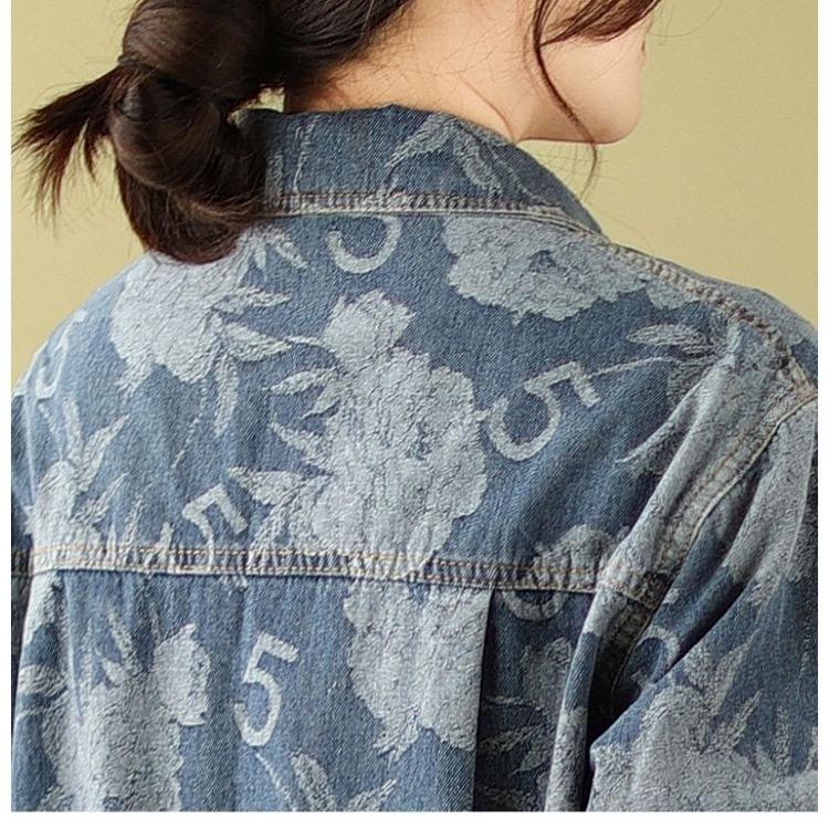 Vintage Floral Print Denim Jacket for Women, Retro Cowboy Plus Size Shirt Coat