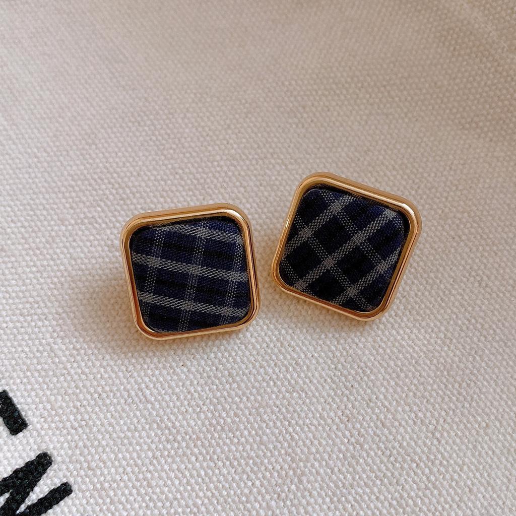 Silver Needle Retro Hong Kong Style Square Fabric Plaid Earrings Earrings Autumn and Winter Personality Earrings Women